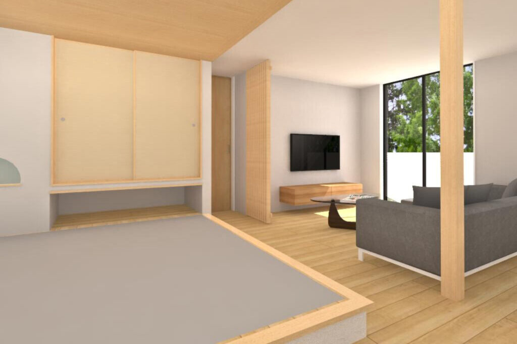 下げ天井と床上げを利用した4.5畳の和室は家族のくつろぎのスペースに